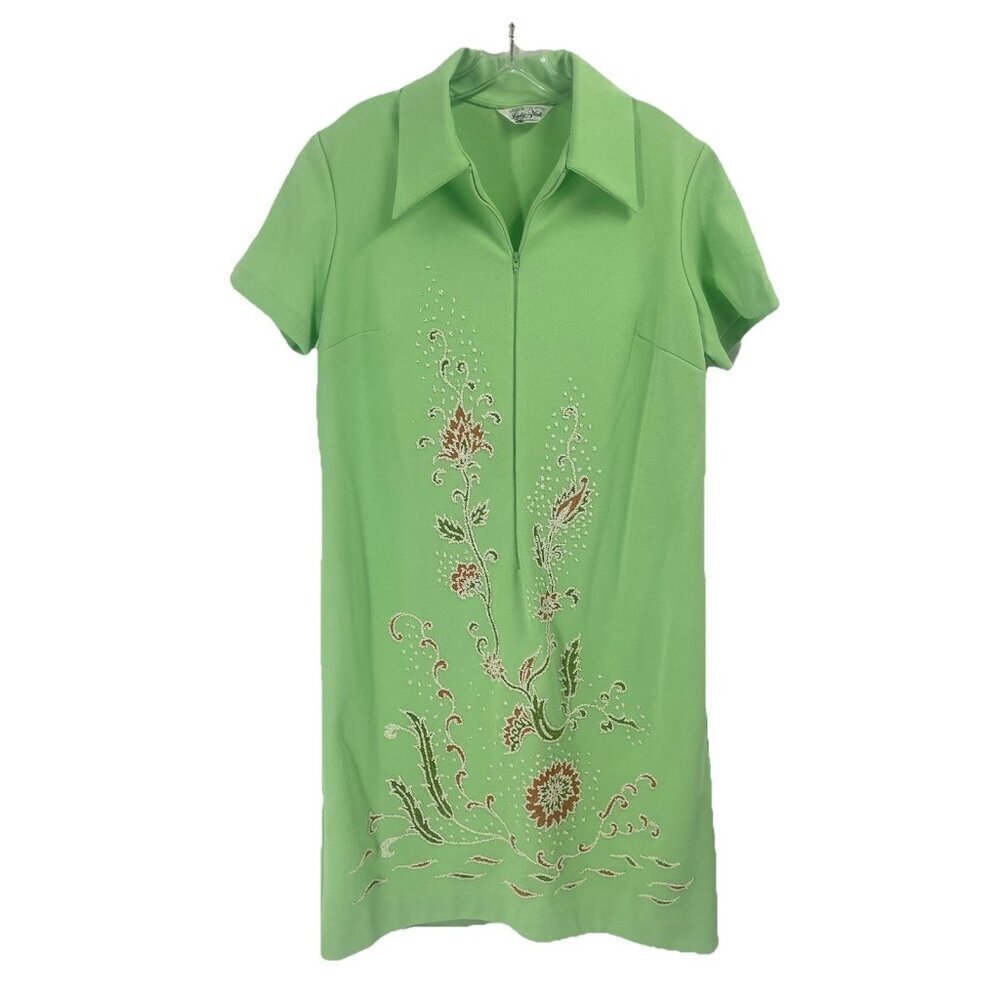 Vtg 70s Lady Blair Mint Green House Dress Beaded Short Sleeve Midi Sz Medium